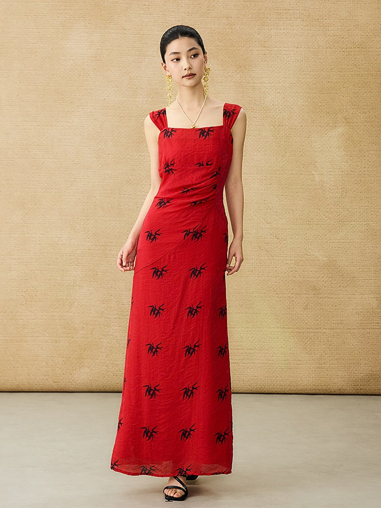 HECO Chinese irregular pleated camisole bamboo leaf print long dress- ROCK .