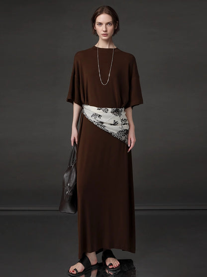 PIAOIN minimalist style nude tencel wool t-shirt skirt versatile dress -LYDIA