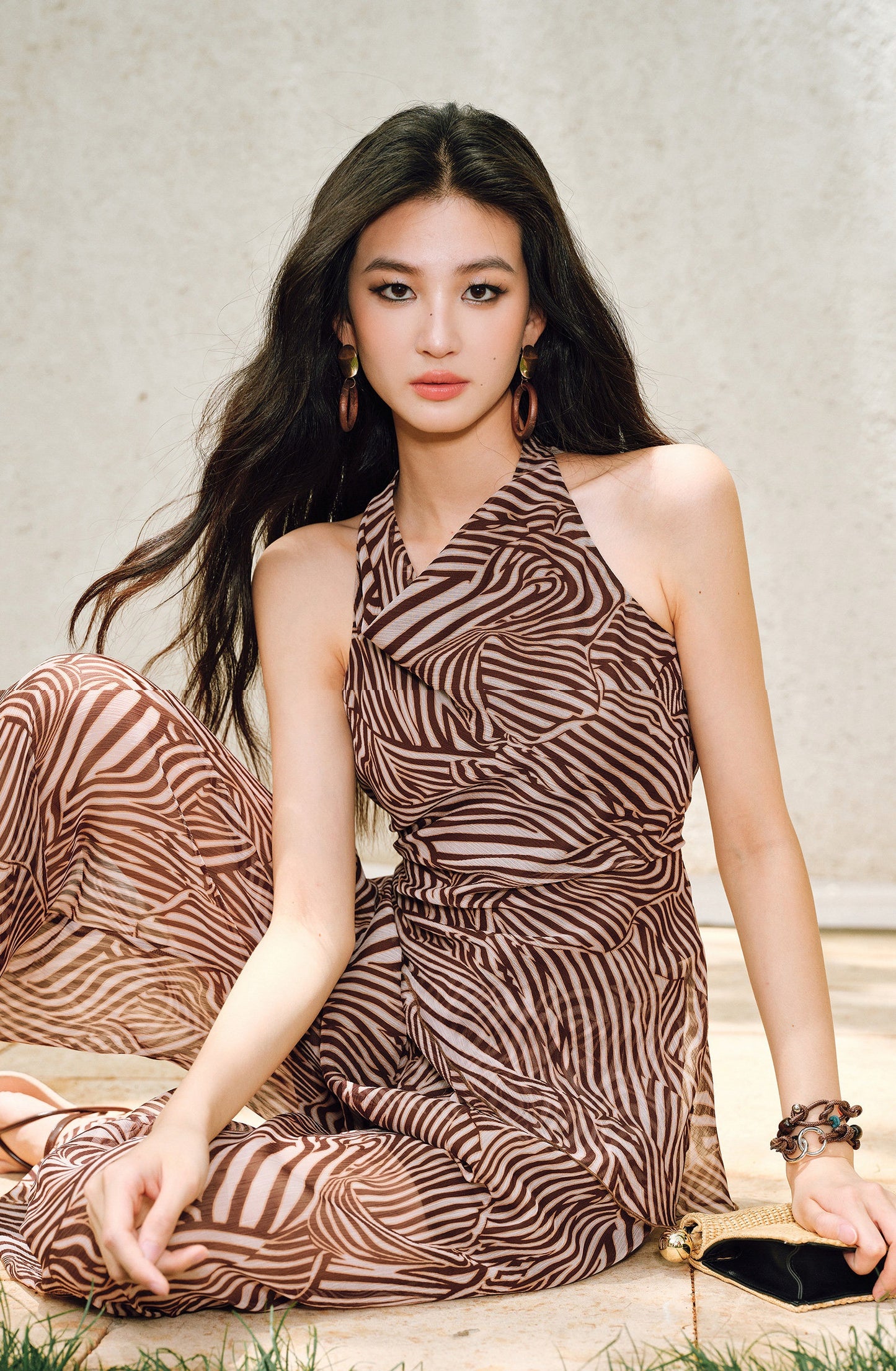 WANGXO Shaved Shoulders Waisted Top & Flowing Wide-Leg Pants -MIRA