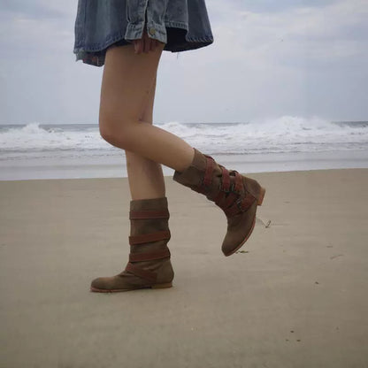 B-FEI Vintage Belt Buckle Denim Stack Boots- OKRE.
