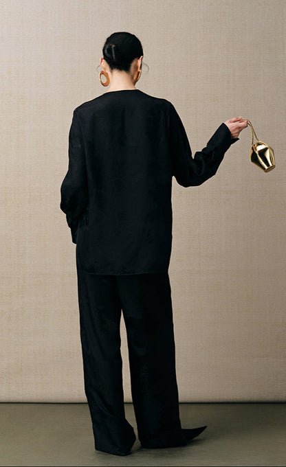 ZHUCHONGYUN black new Chinese silk satin jacquard wide-leg trousers-LAD.