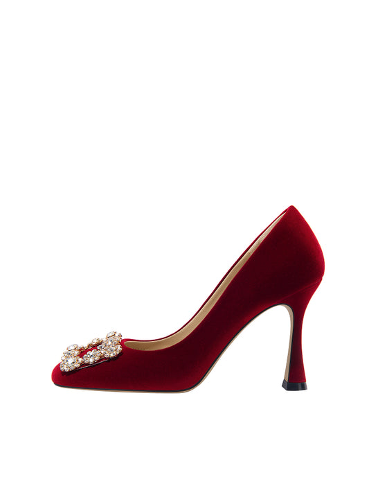 Lily Wei [赩炽] French square toe rhinestone Xiuhe wedding shoes red wine glass heels large size-ROSE