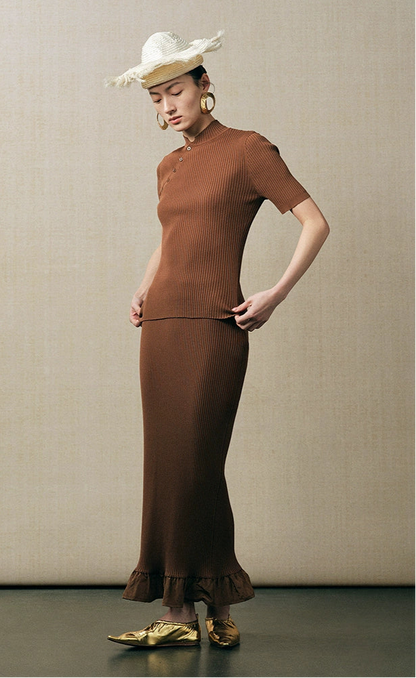 ZHUCHONGYUN silk slim ruffle knitted skirt and short sleeve top-HONG.