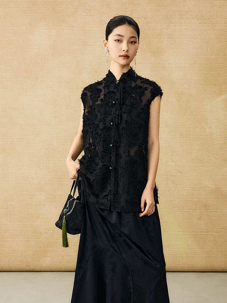HECO Chinese Style Stand-up Collar Cut Flower Sleeveless Shirt - HELD .
