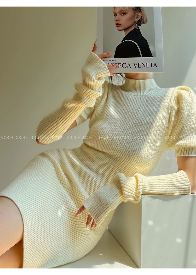 Cream milk red knitted puff sleeve sweater dress- Mousse Milk Puff