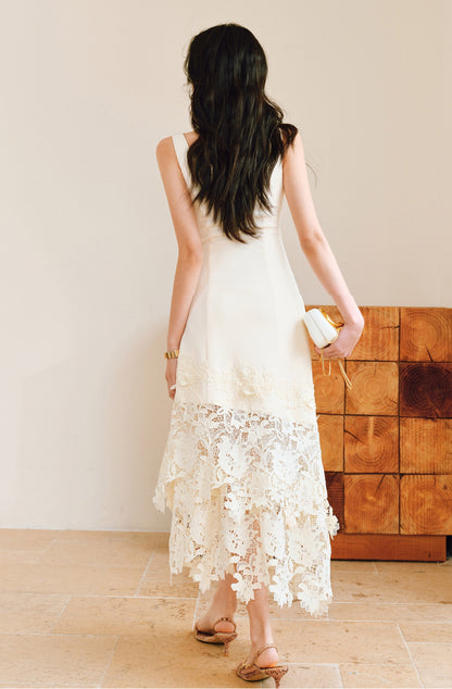 WANGXO High Stretch Knitted Stitching Neckline Slim Fit Three-Dimensional Split Sleeveless Dress - ELISE