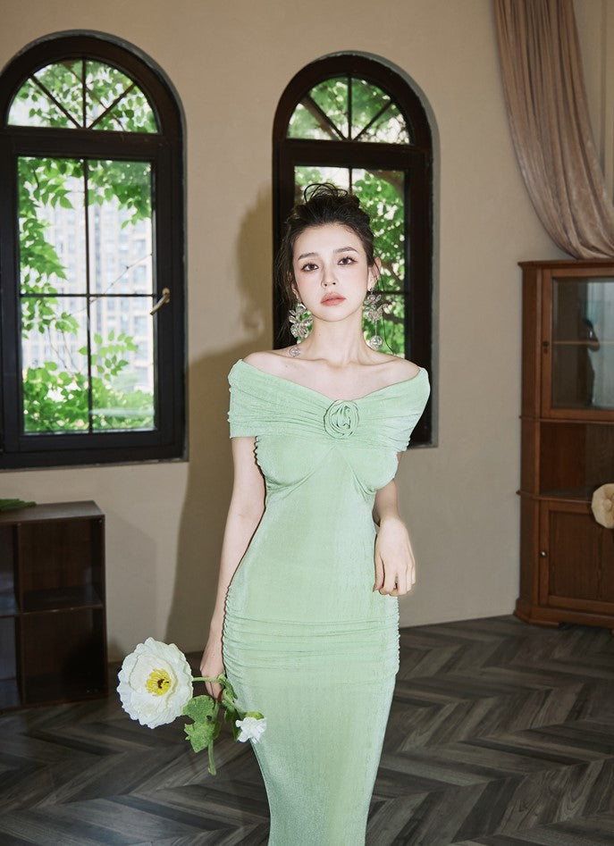 DOLLY Luxury French Style Off Shoulder Short Sleeve Hip Wrap Dinner Dress-ANTHEA