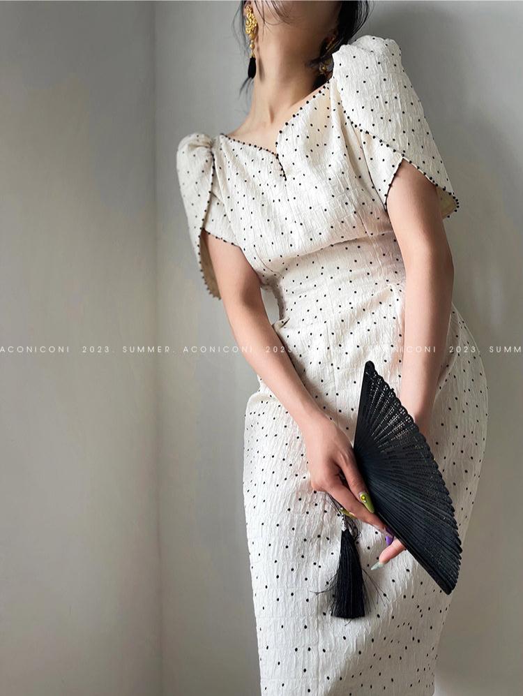 Aconiconi Elegant Polka Dot V-Neck Short Sleeve White Midi Dress- Phantom Ice Flower XL / Off White / Polka Dot Aconiconi Elegant Polka Dot V-Neck Short Sleeve White Midi Dress- Phantom Ice Flower XL / Off White / Polka Dot