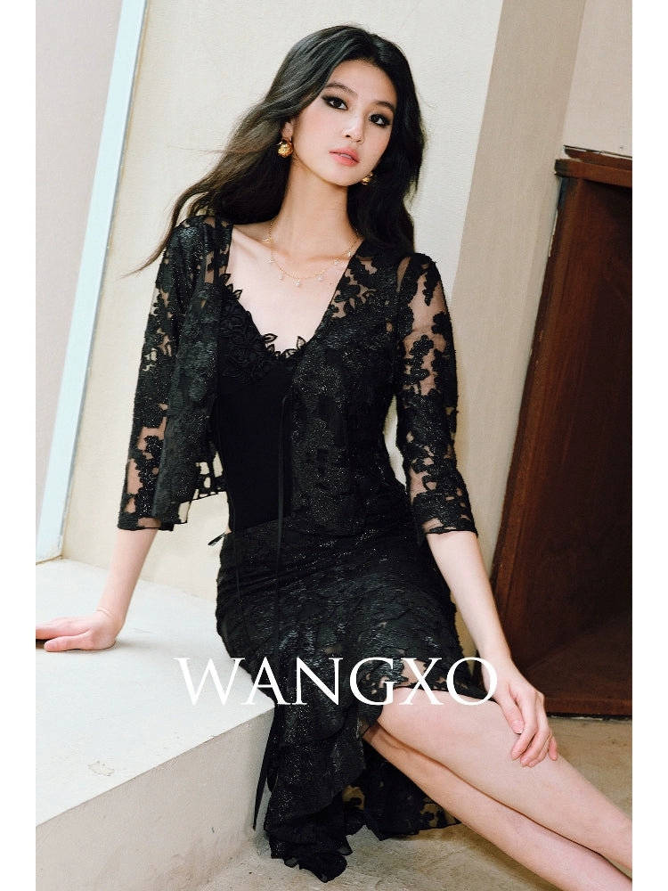 WANGXO | Lace-Up Cardigan & Irregular Double Fishtail Hip Skirt Set -KAIA