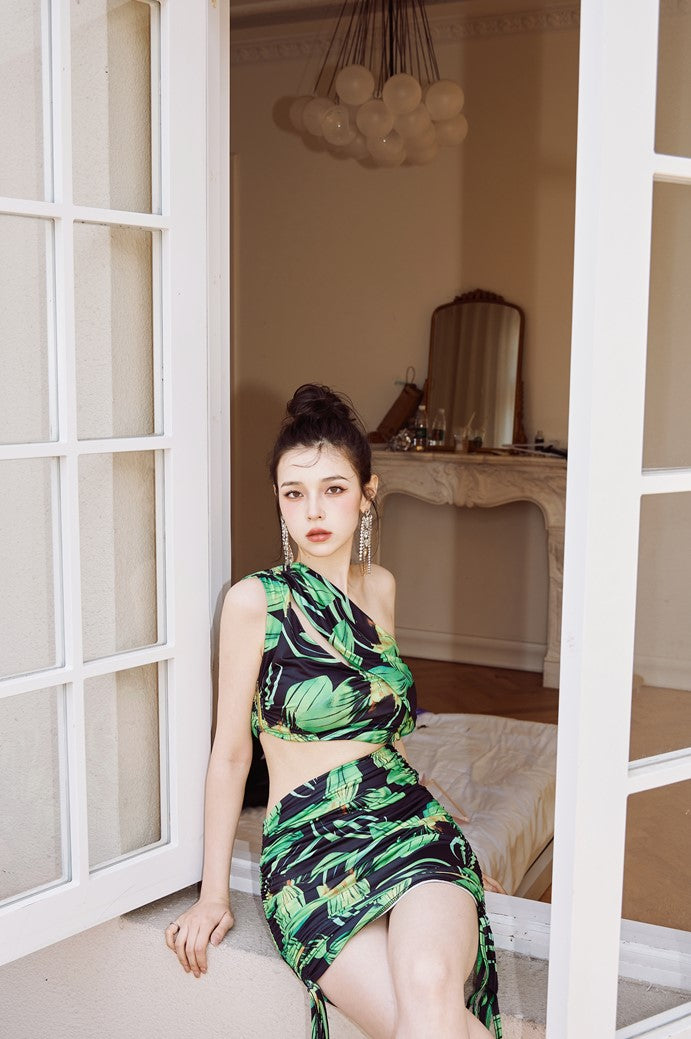 DOLLY High End Green Flower Print Sleeveless Off Shoulder Hip Wrap Pleated Dress-ISA