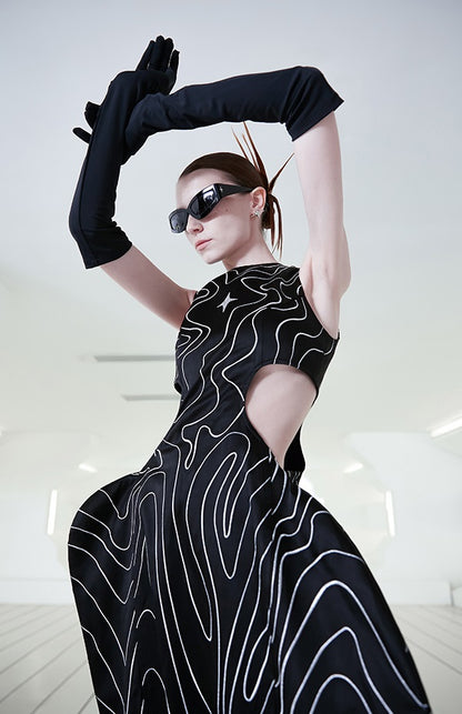 ANNAKIKI  triacetic fractal wave embroidered long dress-JINGCHU.