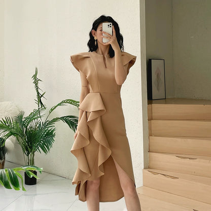 DOLLY Luxury V-Neck Short Sleeve High waist Slim Fit Irregular Hem Date Dress-LISA