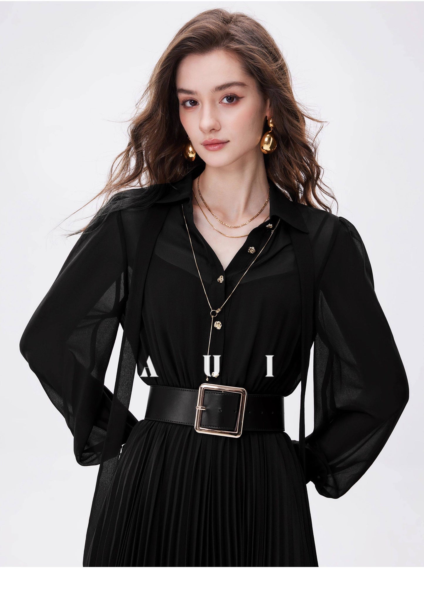 AUI Black Professional Temperament Chiffon Shirt Puff Sleeve Slim Polo Dress - Ha-rin.