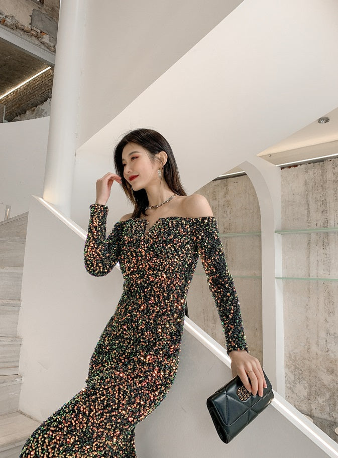 DOLLY High End Sequin Off Shoulder Long Sleeve Slim Fit Long Fish Tail Evening Dress-KASSIE