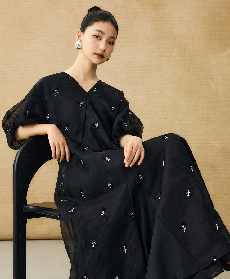 HECO  New Chinese Embroidered V-Neck Puff Sleeve Dress - CORAINE.