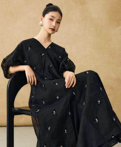 HECO  New Chinese Embroidered V-Neck Puff Sleeve Dress - CORAINE.