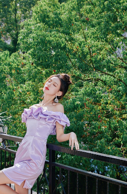 DOLLY Elegant Satin Ruffled Off Shoulder Tube Top Sim Fit Date Dress-AINSELY