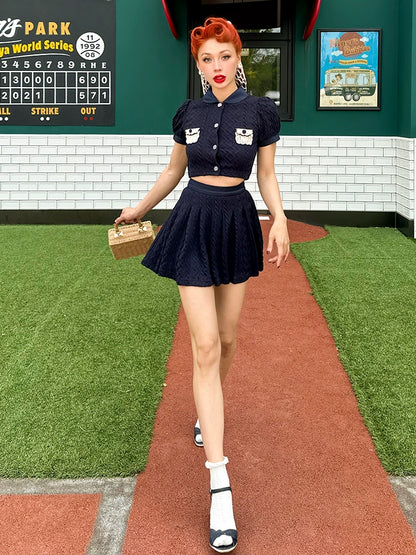 Le Palais  navy knitted puff sleeve top pleated skirt-XERX