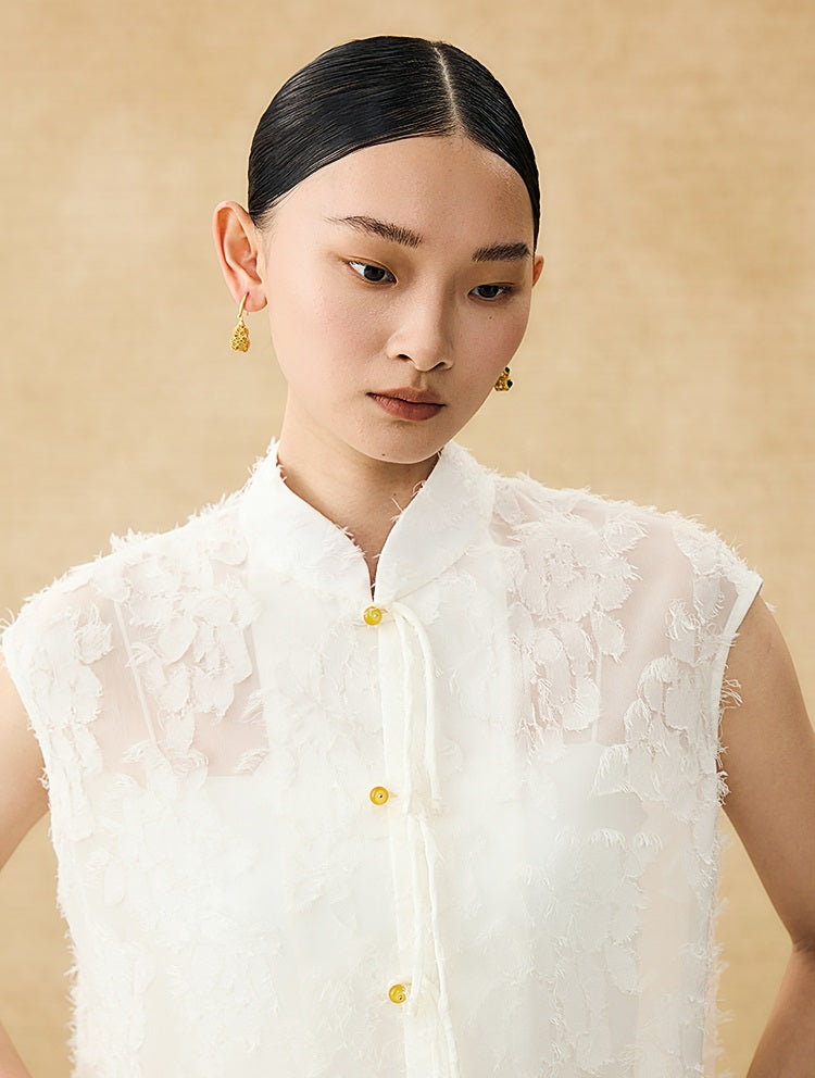 HECO Chinese Style Stand-up Collar Cut Flower Sleeveless Shirt - HELD .