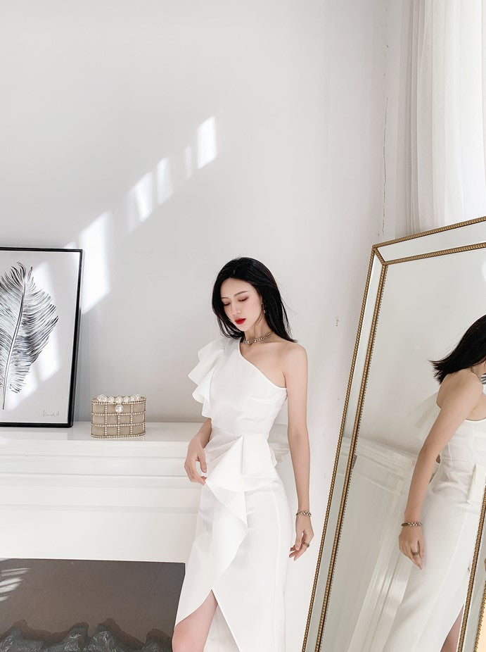 DOLLY Elegant Retro Style Sleeveless Tube Top Long Slit Business Dinner Dress-KIKE