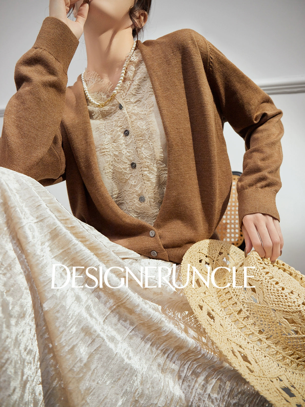 DGU |Caramel Knitted Sweater Silk Fashion Retro Design Light Luxury Niche Top - Josephina.
