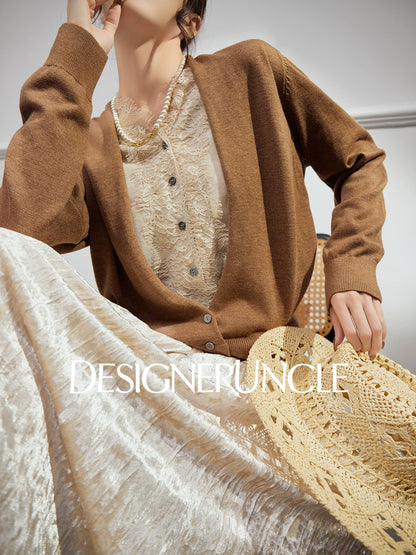 DGU |Caramel Knitted Sweater Silk Fashion Retro Design Light Luxury Niche Top - Josephina.
