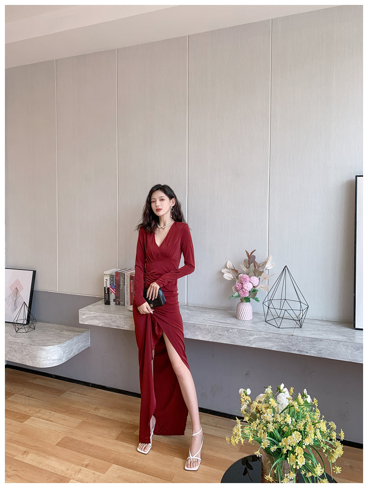 DOLLY Retro Style V-Neck Long Sleeve Pleated Waist Long Slit Dinner Dress-NEYO