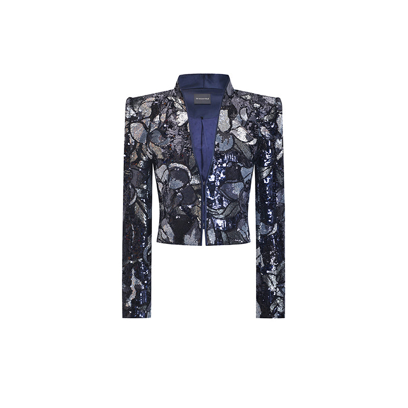 M essential Mackay Magnolia embroidered sequins padded shoulder crop coat dress pants suit - Ilie.