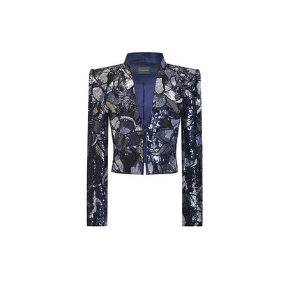 M essential Mackay Magnolia embroidered sequins padded shoulder crop coat dress pants suit - Ilie.