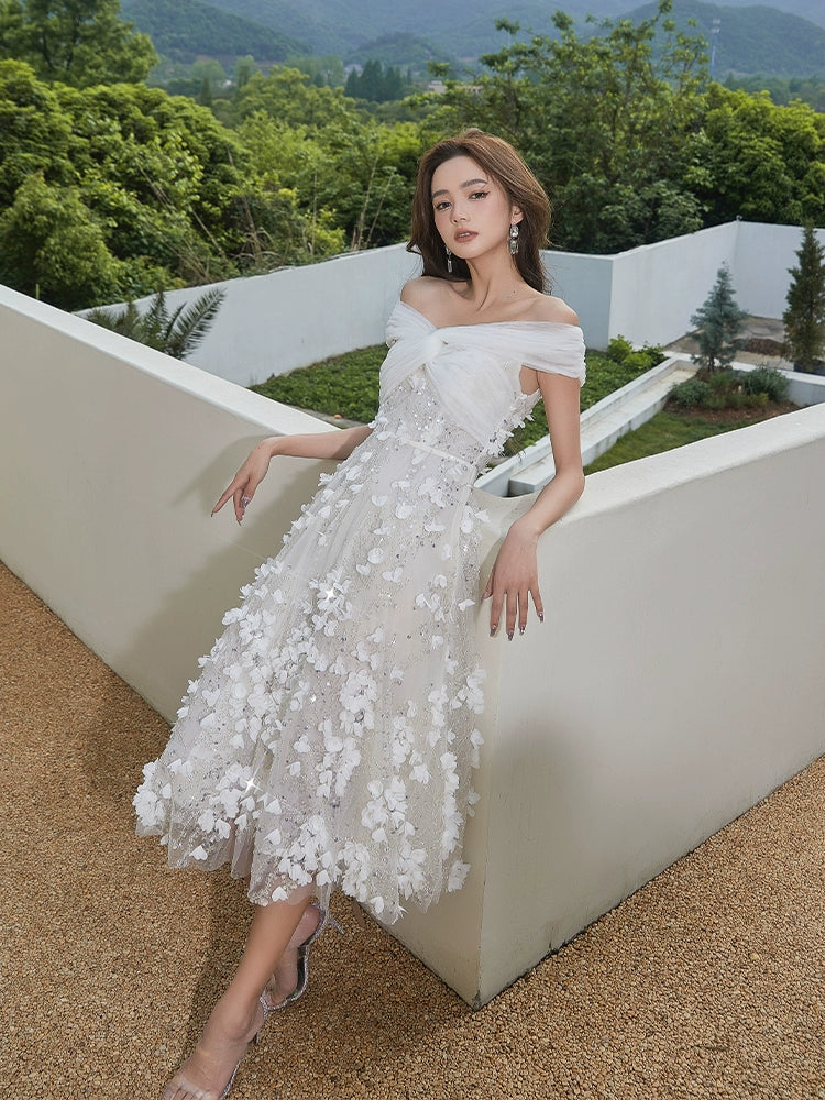 Spot Wardrobes by Chen Elegant White Embroidered applique  wedding Dress-Swiss