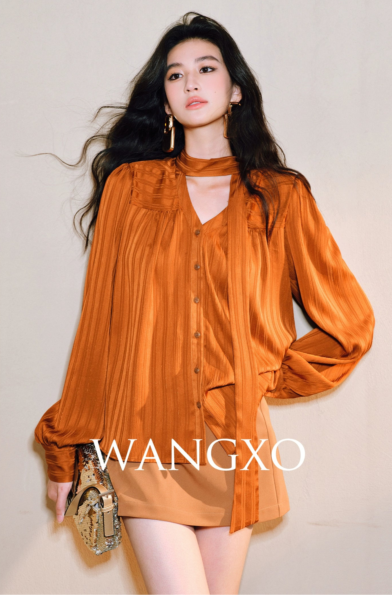 WANGXO Bright Silk Satin with 3D Drawstring Detail Temperament V-Neck - LENNA