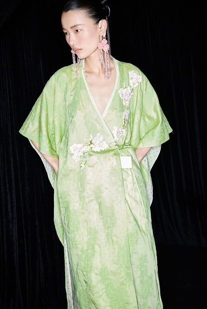 M essential Mackay designer green embroidered fabric magnolia beaded cardigan robe - RUTH.