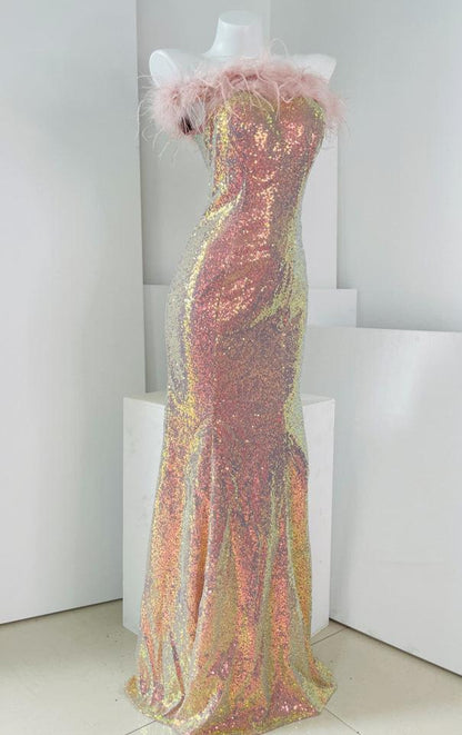 DOLLY Elegant Chest Wrap Feather Off Shoulder Long Sequin Mermaid Dress-TURA