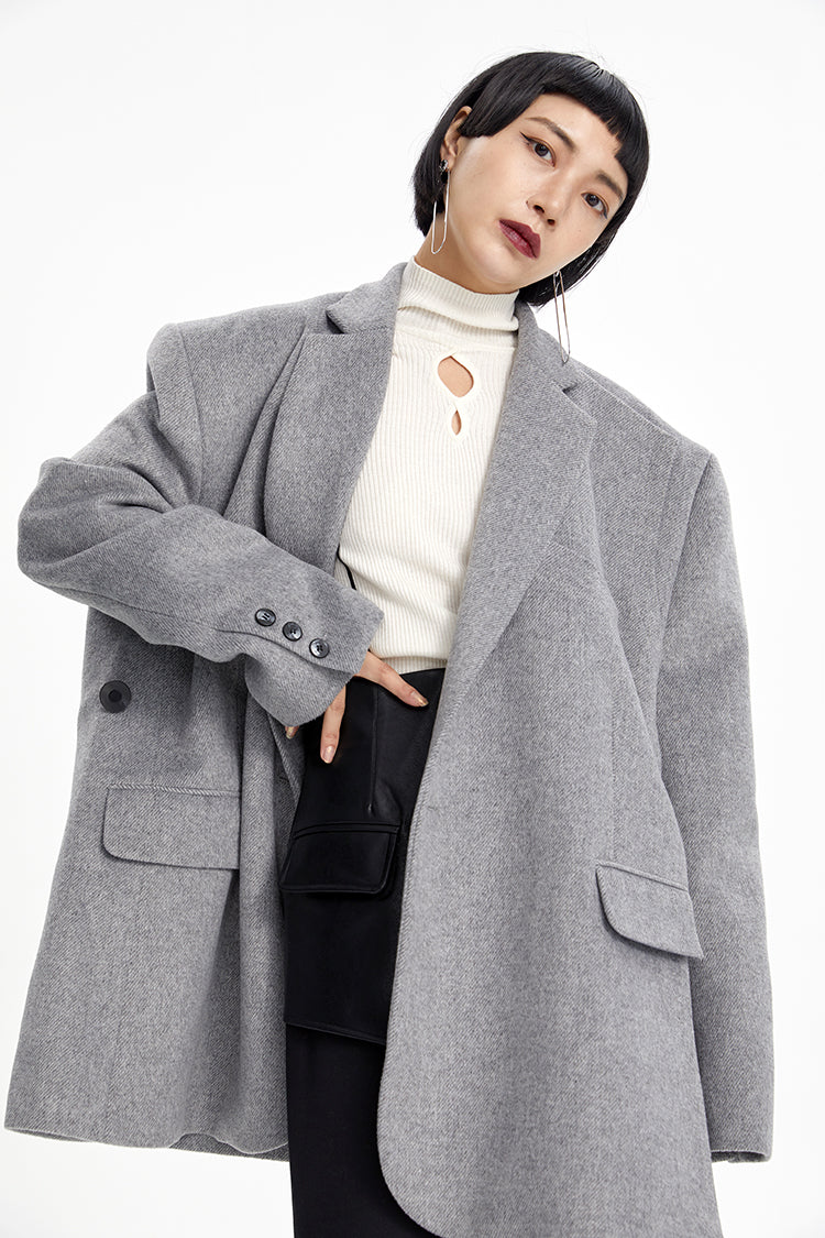 TINY IN misplaced silhouette wool women's midi grey coat -YAMO