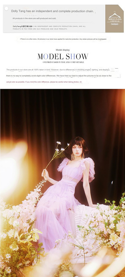 DOLLY High End Square Collar Short Ruffle Sleeves High Waist French Style Dress-MARIANA