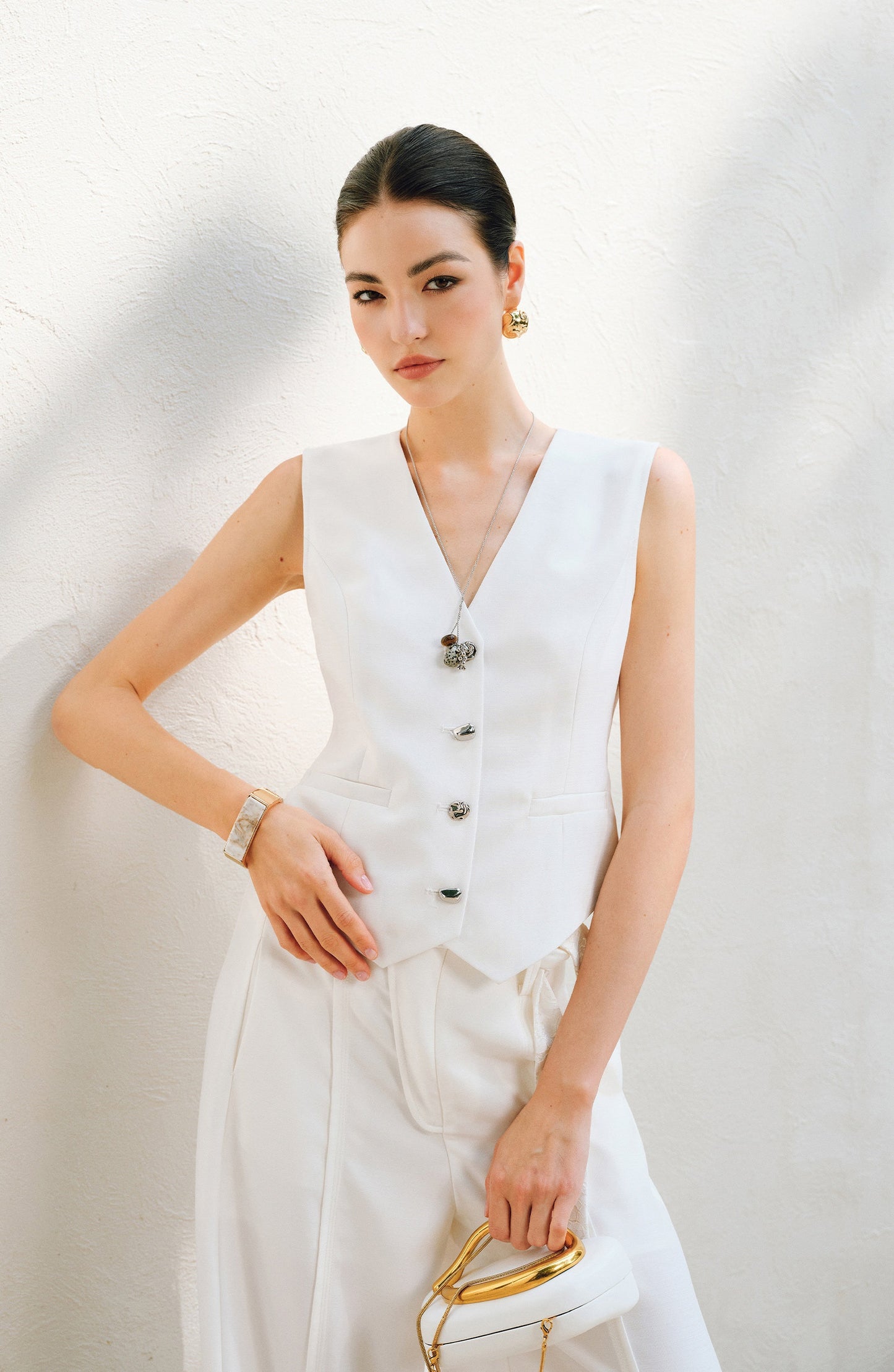 WANGXO |V-Neck Vest & Belted Straight Pants Intellectual Suit Set -NÉRA