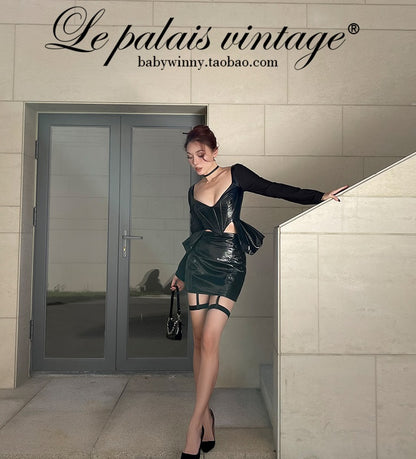 Le Palais  black patent leather fishbone slim top-JENNY