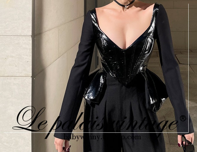 Le Palais  black patent leather fishbone slim top-JENNY