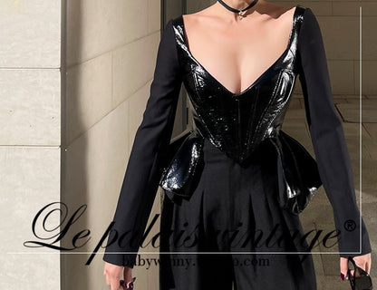 Le Palais  black patent leather fishbone slim top-JENNY