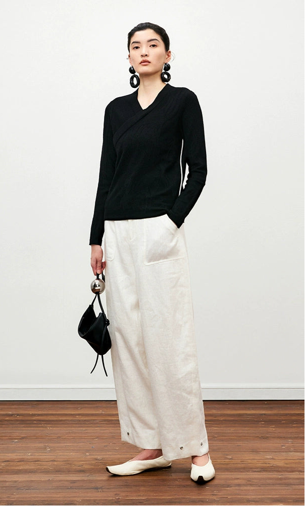 ZHUCHONGYUN black jacquard knitted wool V-neck long sleeves slim fit top -ILLIT.