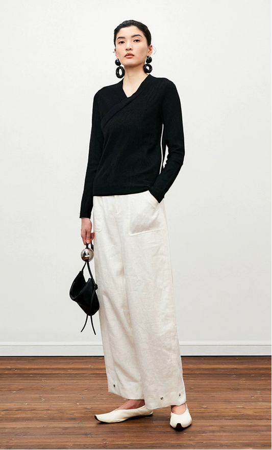 ZHUCHONGYUN black jacquard knitted wool V-neck long sleeves slim fit top -ILLIT.