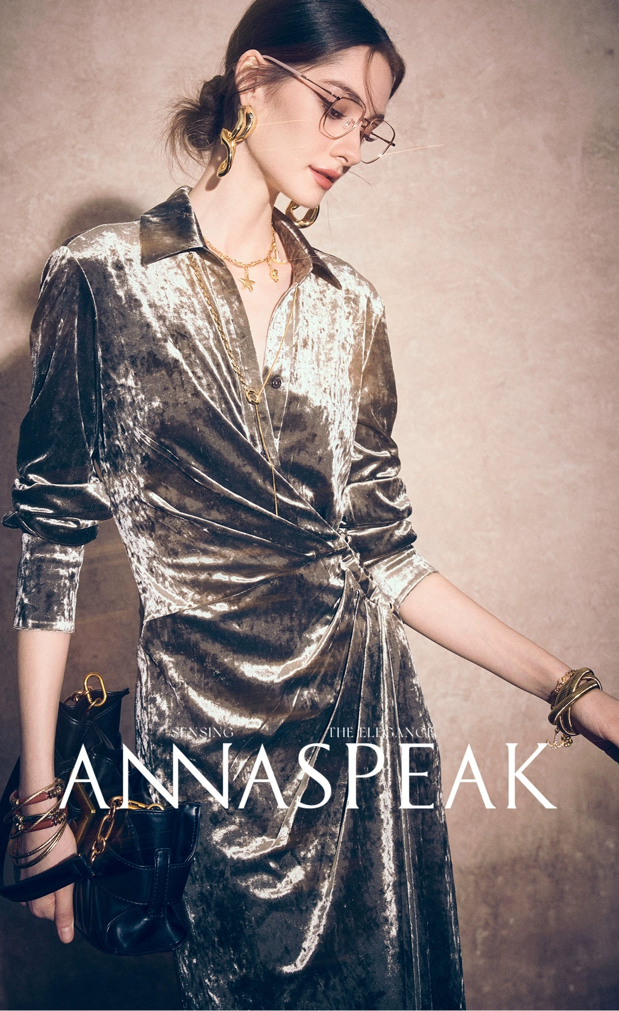 ANNASPEAK  modern elegant ice flower stretch gold diamond velvet dress-MAKS.