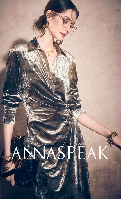 ANNASPEAK  modern elegant ice flower stretch gold diamond velvet dress-MAKS.