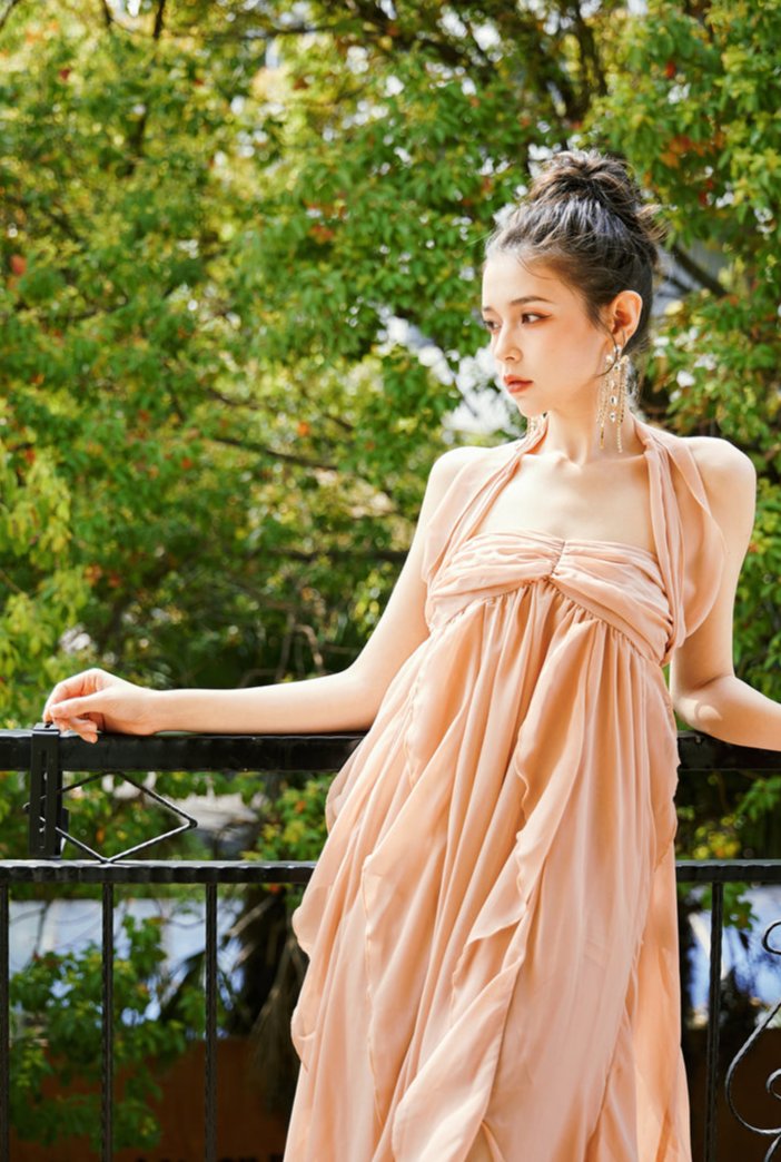 DOLLY Luxury Peach French Style Halter Neck Sleeveless Chiffon Flowing Dress-EVE