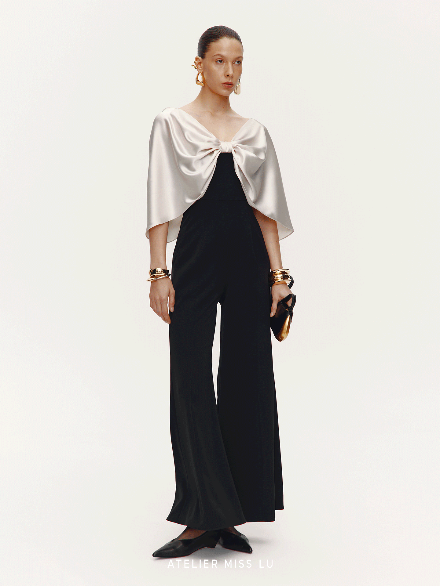 ATELIER MISS LU  Glossy Shawl Spliced Wide-leg Jumpsuit - WARM