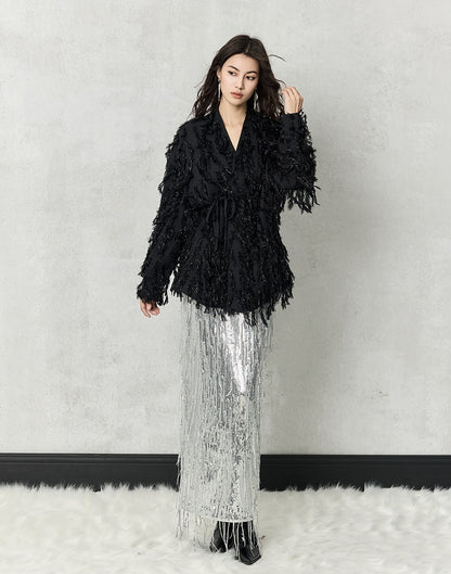 HECO 100% polyester Silver Black Sequins High Waist Slim Skirt Woman - sun.