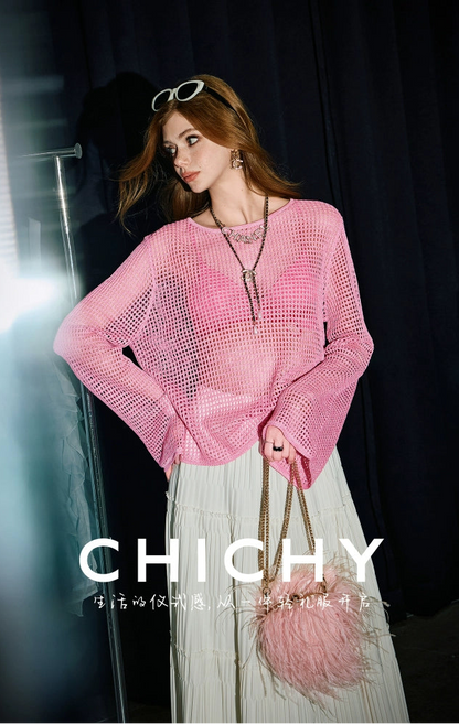 CHICHY long-sleeved cut-out gradient blended pink wool knit chic top-JARVIS