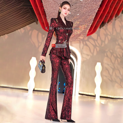 VJE Waist Skirt Jacket Micro Flared Pants Two-Piece Set - ACE.