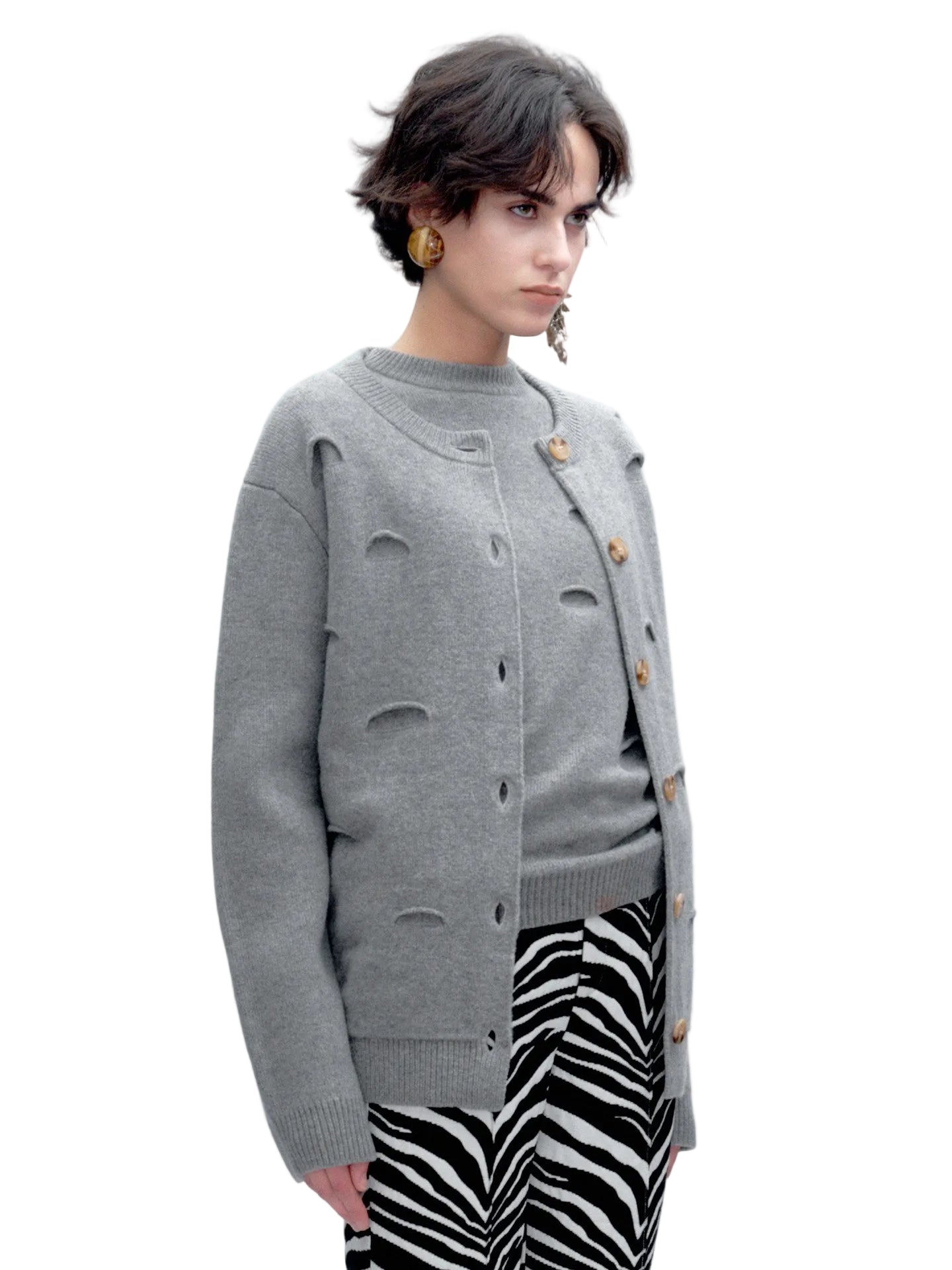 JACQUES WEI Ripped Design Merino Wool Crewneck Cardigan Jacket - ICON