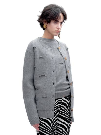 JACQUES WEI Ripped Design Merino Wool Crewneck Cardigan Jacket - ICON